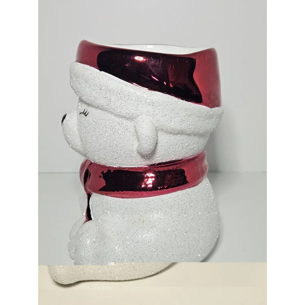 Bath & Body Works Glitter Polar Bear Santa Red Hat Scarf 3-Wick Candle Holder